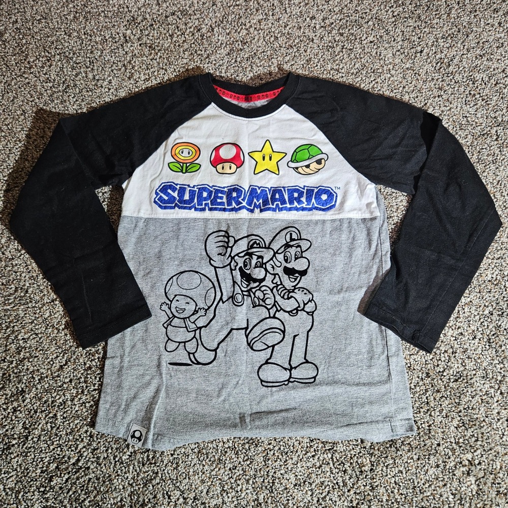 Nintendo Super Mario Boys Long Sleeve Raglan‎ Shirt Grey Black Kids Size L 10/12